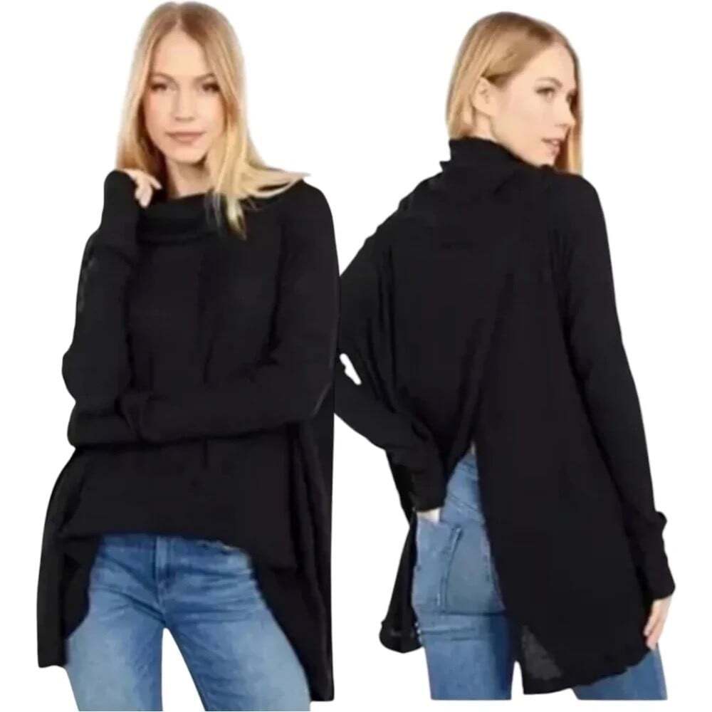 Free People Juicy Black Ribbed Knit Cowl Neck Tunic Top. NWT Small Oversized